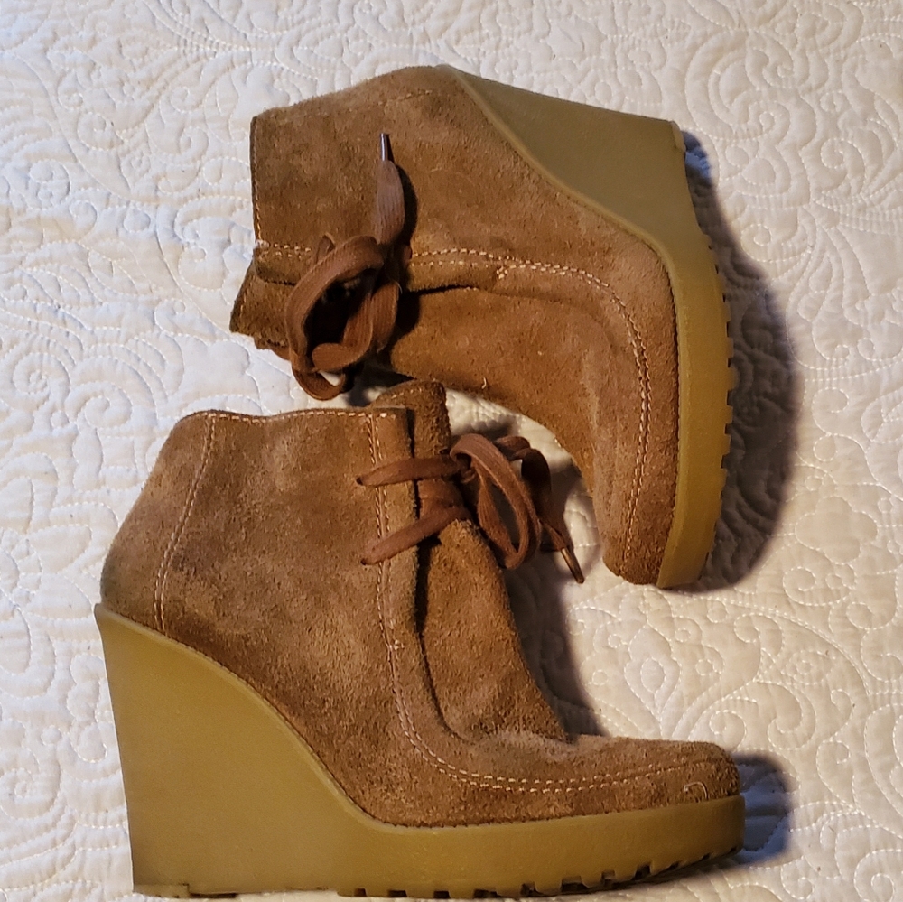 Nine West Tan Suede Wedge Lace Up Ankle Boots 8.5 M